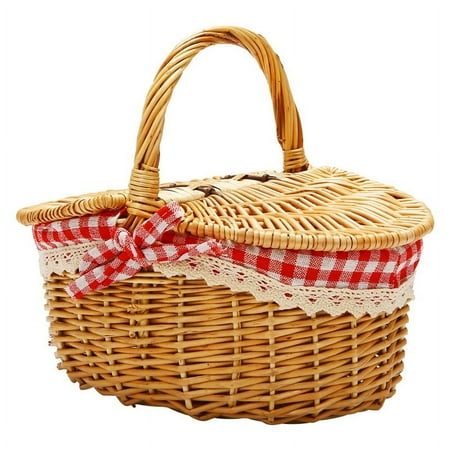

Country Style Wicker Picnic Basket Hamper with Lid and Handle & Liners for Picnics Parties and BBQs