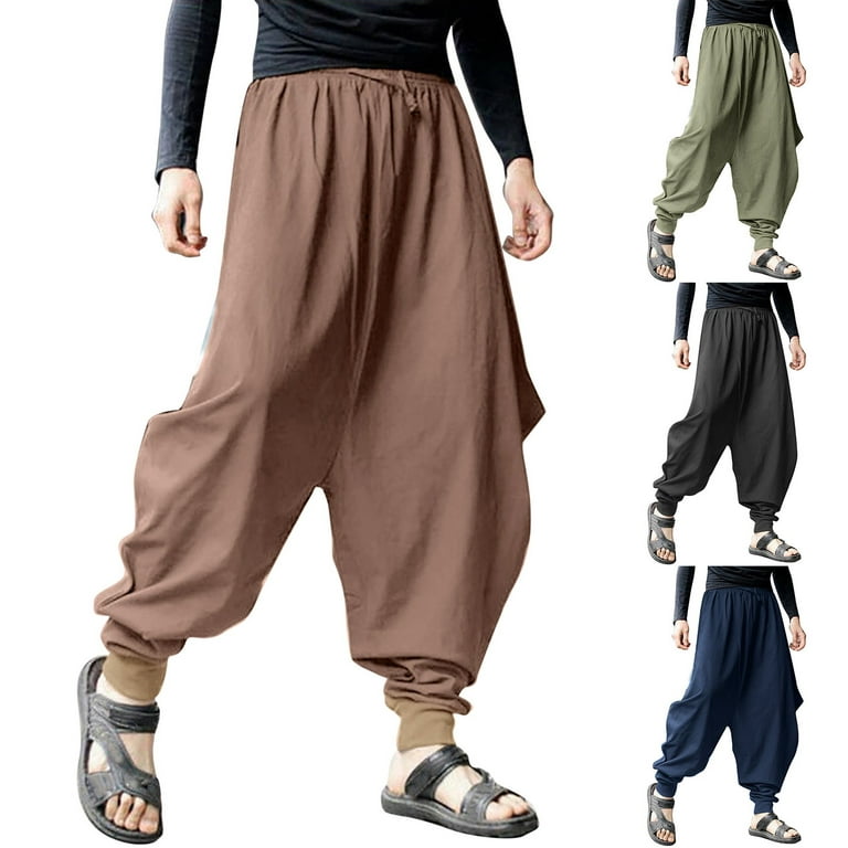 Lisingtool Halara Pants Mens Summer Retro Solid Color Loose Large Size  Cotton Linen Harem Pants Men's Pants Khaki