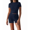 thumbnail image 2 of Women'S Two Piece Sets Summer Slim Fitted Short Sleeve Tops Foldover Shorts Matching Lounge Sets Dark Blue XL, 2 of 7
