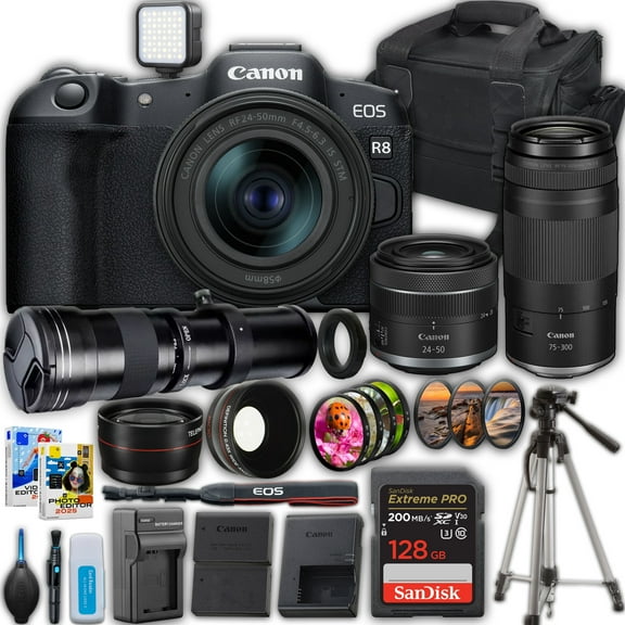 Canon EOS R8 Mirrorless Camera with RF 24-50mm f/4.5-6.3 IS STM Lens   Canon RF 75-300mm Lens Kit   420-800mm Super Telephoto Lens   SanDisk Extreme Pro 128 GB Memory Card   Camera Case   More