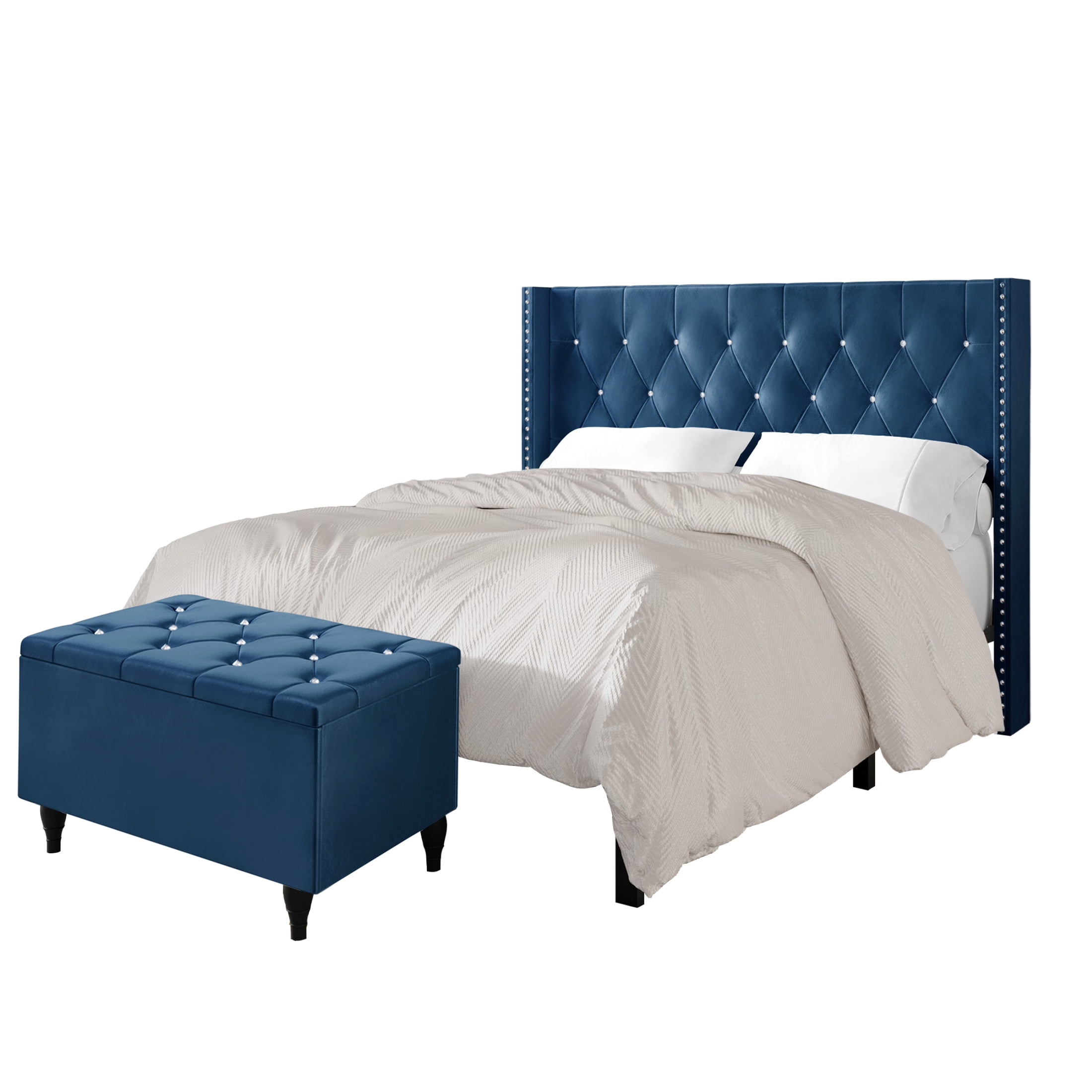 Castle Place Button Tufted Wingback Velvet Upholstered Bed with Storage Bench, Navy Blue, Full
