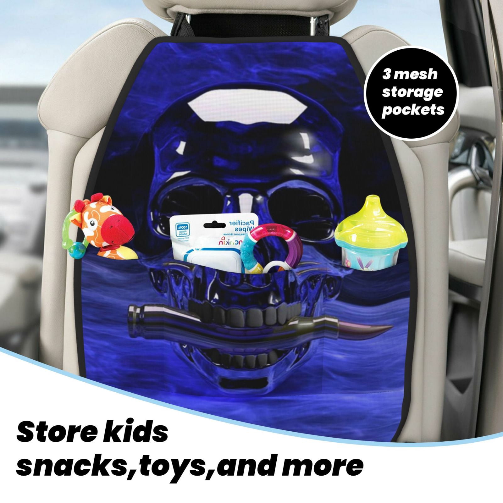 Xecao Steel Skull Pattern Car Seat Back Protector 2 Pack Large Capacity Pocket, Kick Mats Back Seat Protector