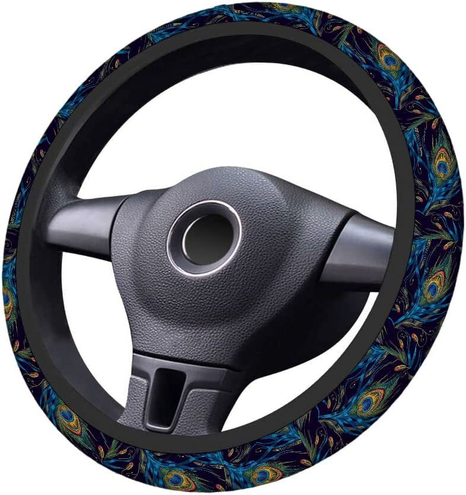 Peacock Feather Steering Wheel Cushion Case Beautiful Blue and Green Peacock Feathers Neoprene Car Steering Wheel Covers 15 Inch Anti Slip Compatible Auto Car Wrap Cover for Men Women