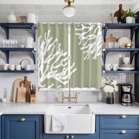 Coral Sage Green Window Curtains Panels with Grommet, Coastal White Ocean Marine Nautical Beach Kitchen Cafe Curtain Draperies Window Treatment Set for Living Room/Bedroom/Laundry/Bathroom, 84x63