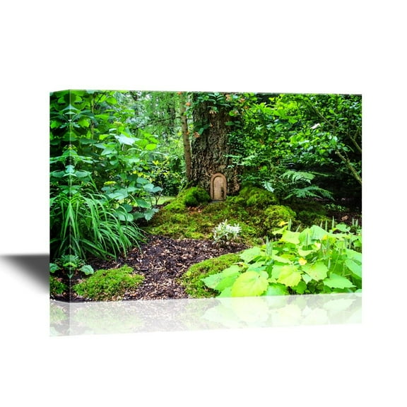 wall26 - Forest Canvas Wall Art - Little Fairy Tale Door in a Tree Trunk - Gallery Wrap Modern Home Art | Ready to Hang - 24x36 inches