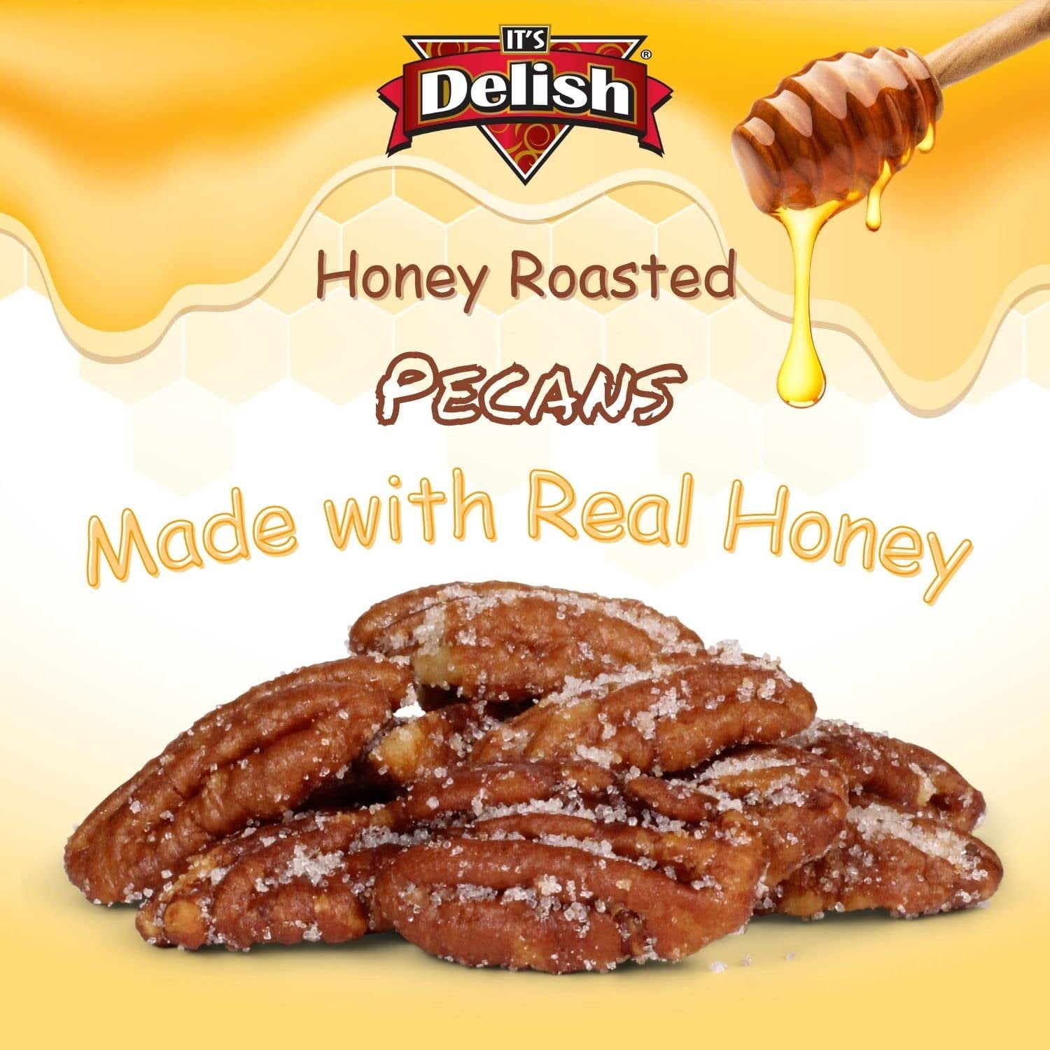 Honey Roasted Pecans by It's Delish, 1.15 LBS Reusable Jumbo Container  Gourmet Pecan Nuts in Honey Sugar Coating, Sweet & Heart Healthy Salted Nut, Kids Snack - Non-Dairy, Kosher Parve