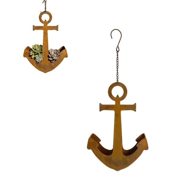 Rustic Metal Anchor Hanging Planter - Nautical Wall Plant Holder for Indoor Outdoor Garden Decor Succulent Pot