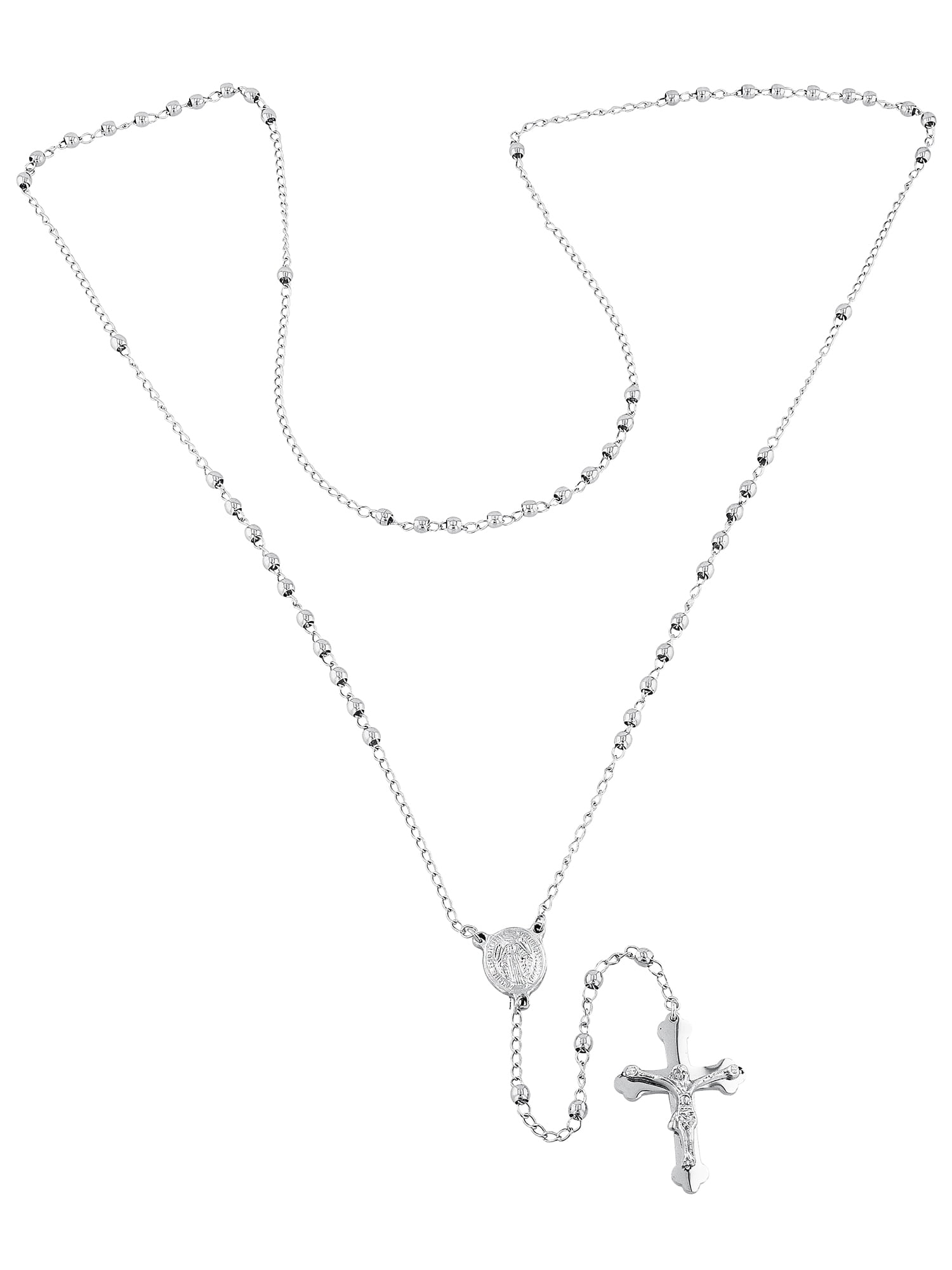 Stainless Steel Beaded Rosary Necklace with Crucifix and Madonna Centerpiece