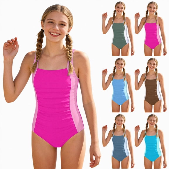 Xudanell Girls One Piece Swimsuit Color Block Shoulder Bathing Suit Cut Out Swimwear (Sky Blue, 15-16 Years)