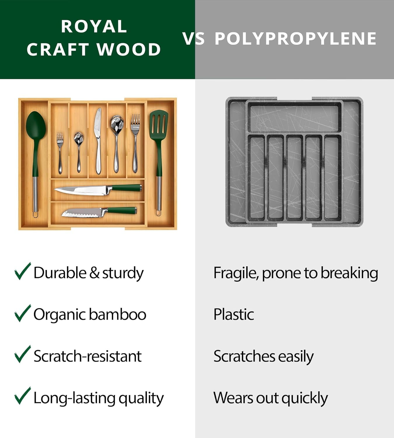 Royal Craft Wood Luxury Bamboo Kitchen Drawer Organizer - Silverware Organizer - Utensil Holder and Cutlery Tray with Grooved Drawer Dividers for Flatware and Kitchen Utensils (9 Slot, Natural)