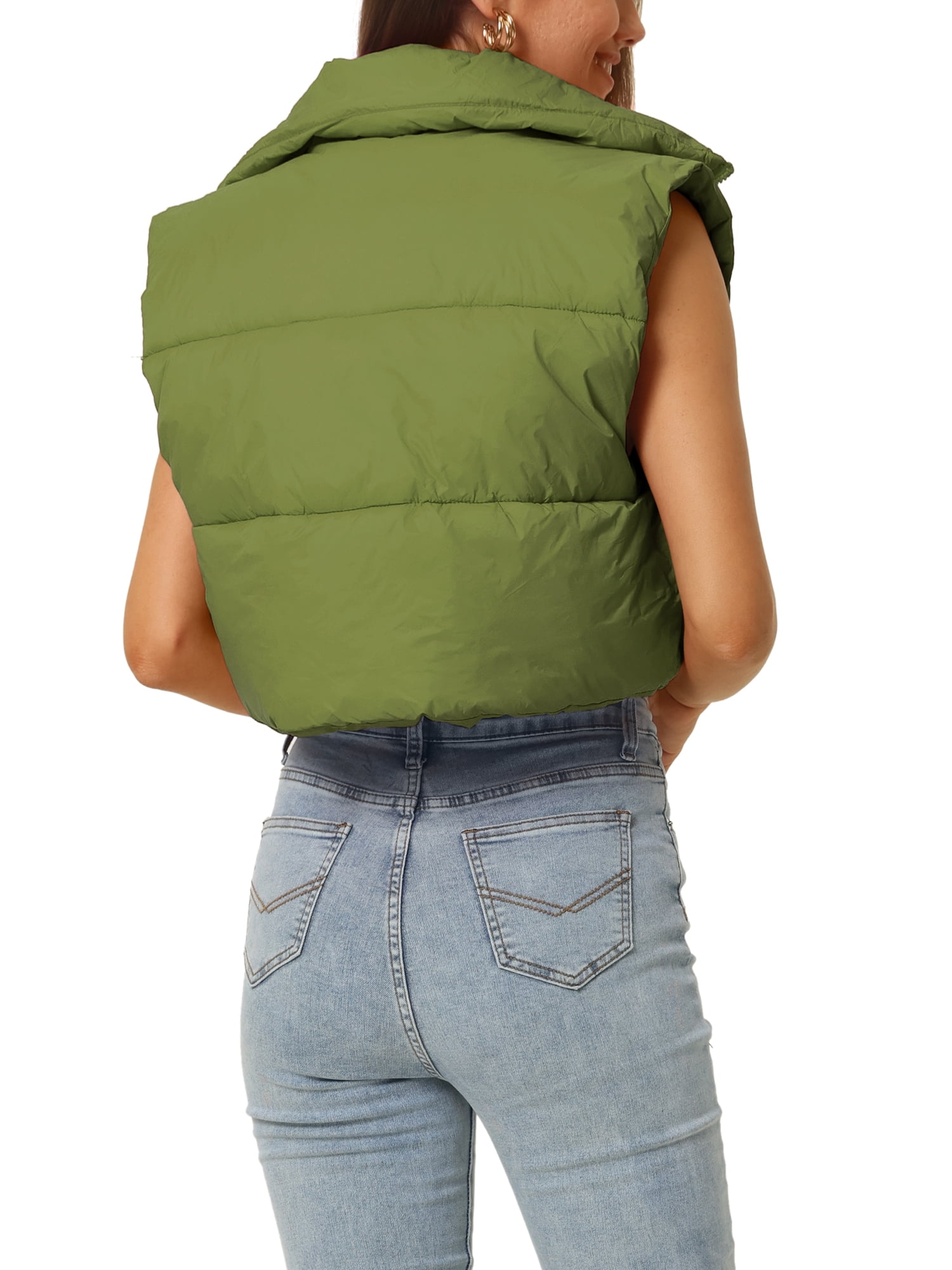Unique Bargains Women's Padded Vest High Stand Collar Zip Crop Fashion Jacket Puffer Vests M Army Green