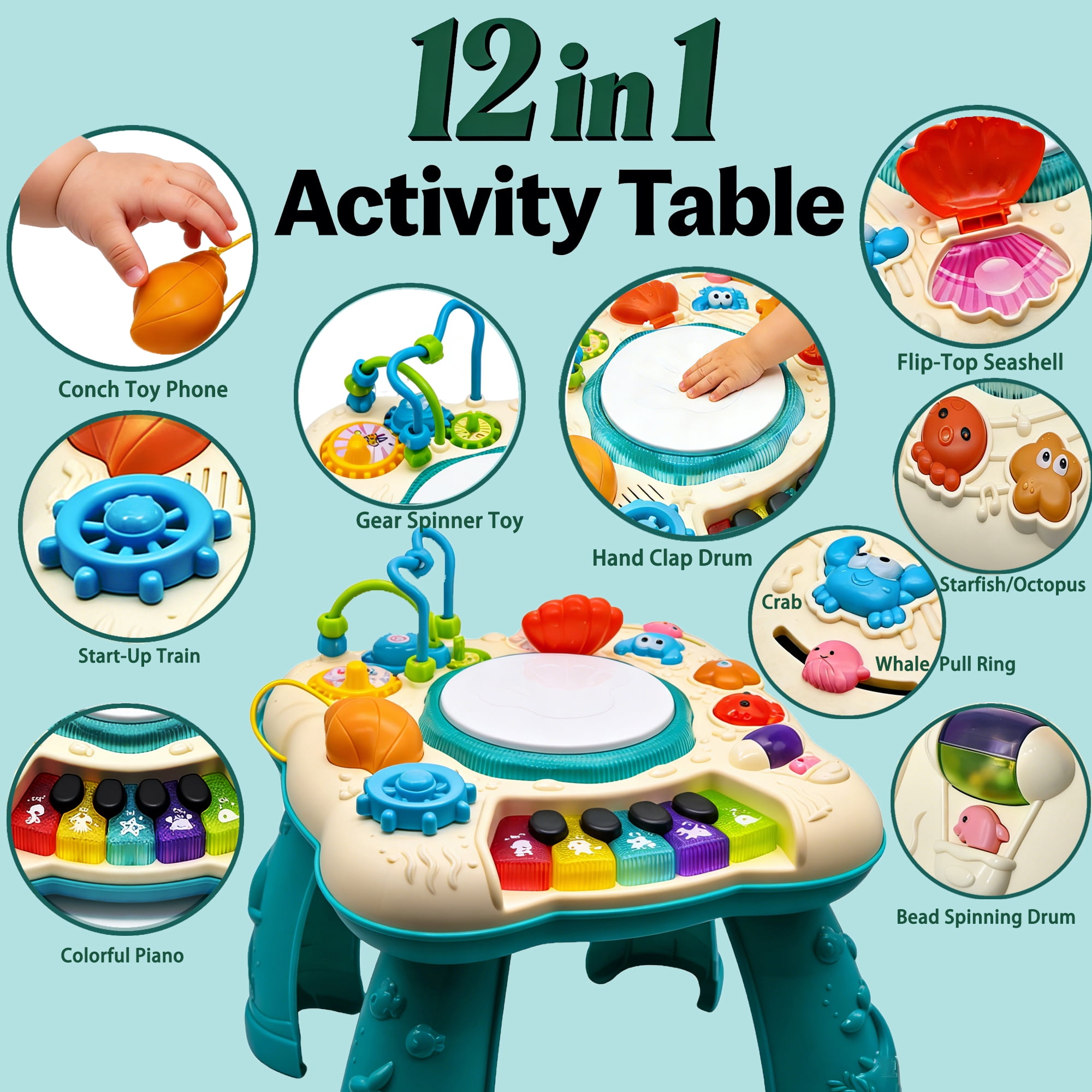 Yuyongr Musical Activity Tables for Baby, Infant Toddler Musical Learning Activity Table Interactive Toys With Lights And Music For 18M+ Boys Girls Preschool Gifts,Green
