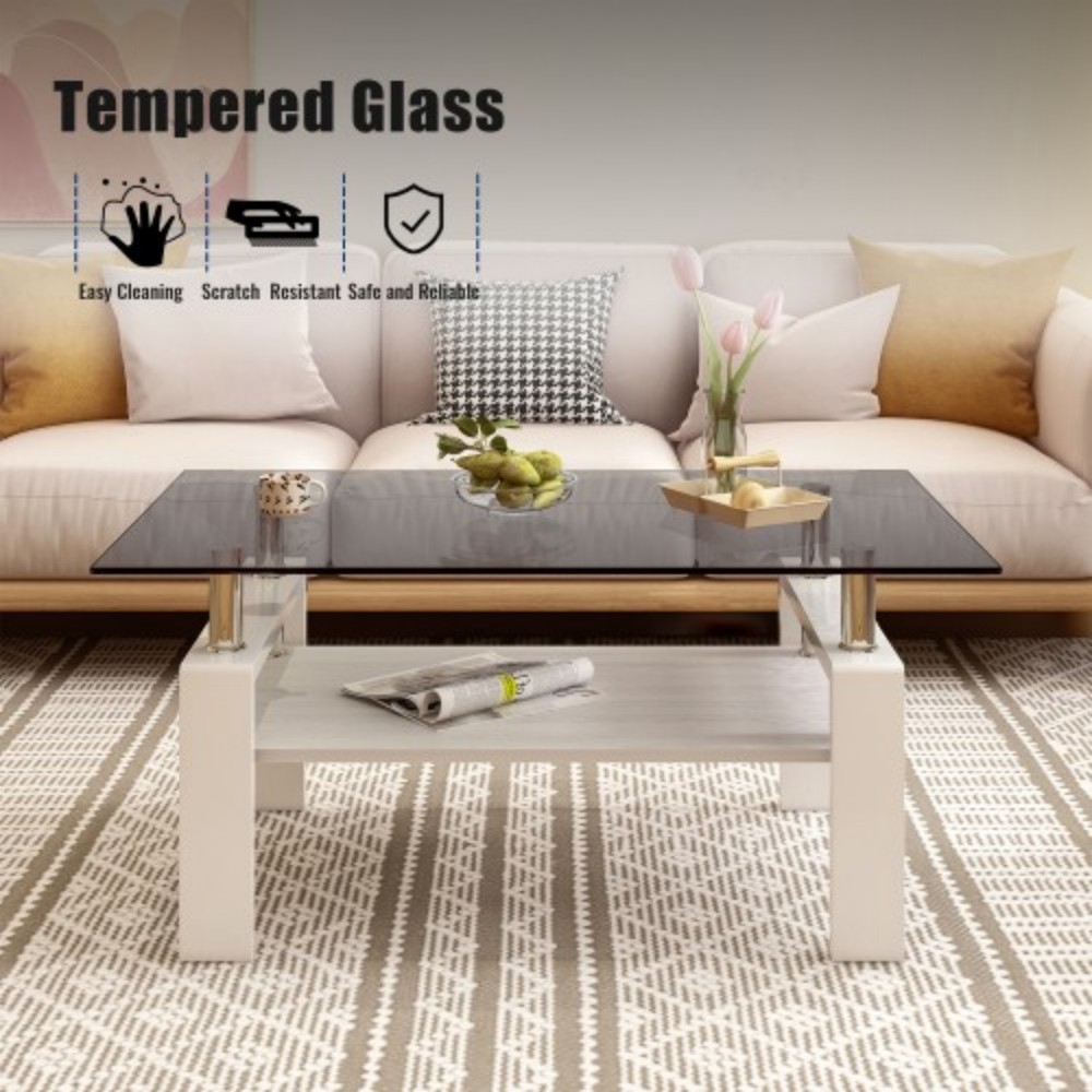 Rectangle Coffee Table, 39.2" Gray Tempered Glass Tabletop with White MDF Storage Shelf and Iron Legs, Modern Clear Glass Center Table for Living Room, 220 lbs