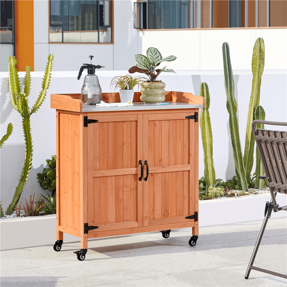 Renwick Garden Potting Bench Table with Cabinet, Brown