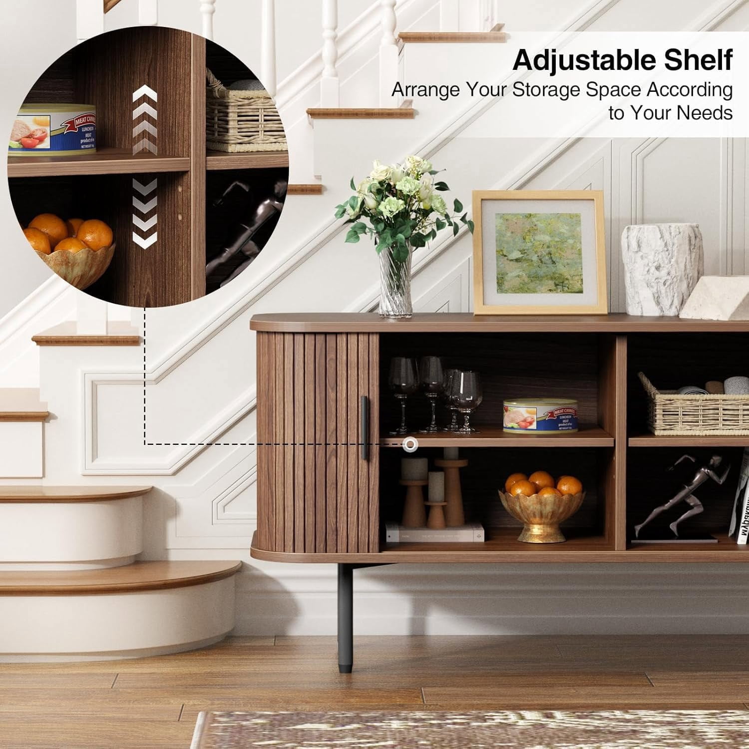 VEANERWOOD Fluted 55" TV Stand for TVs Up To 65", Console Table Credenza with Tambour Slatted Sliding Doors and Storage Shelves, Wood Entertainment Cente