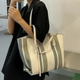 thumbnail image 3 of Shoulder Bag for Women, Canvas Tote Bags, Casual Large Capacity Handbag with Leather Strap and Zipper, Simple Vertical Stripe Style Durable Handbag for Dating, Working and Shopping, White, 3 of 7