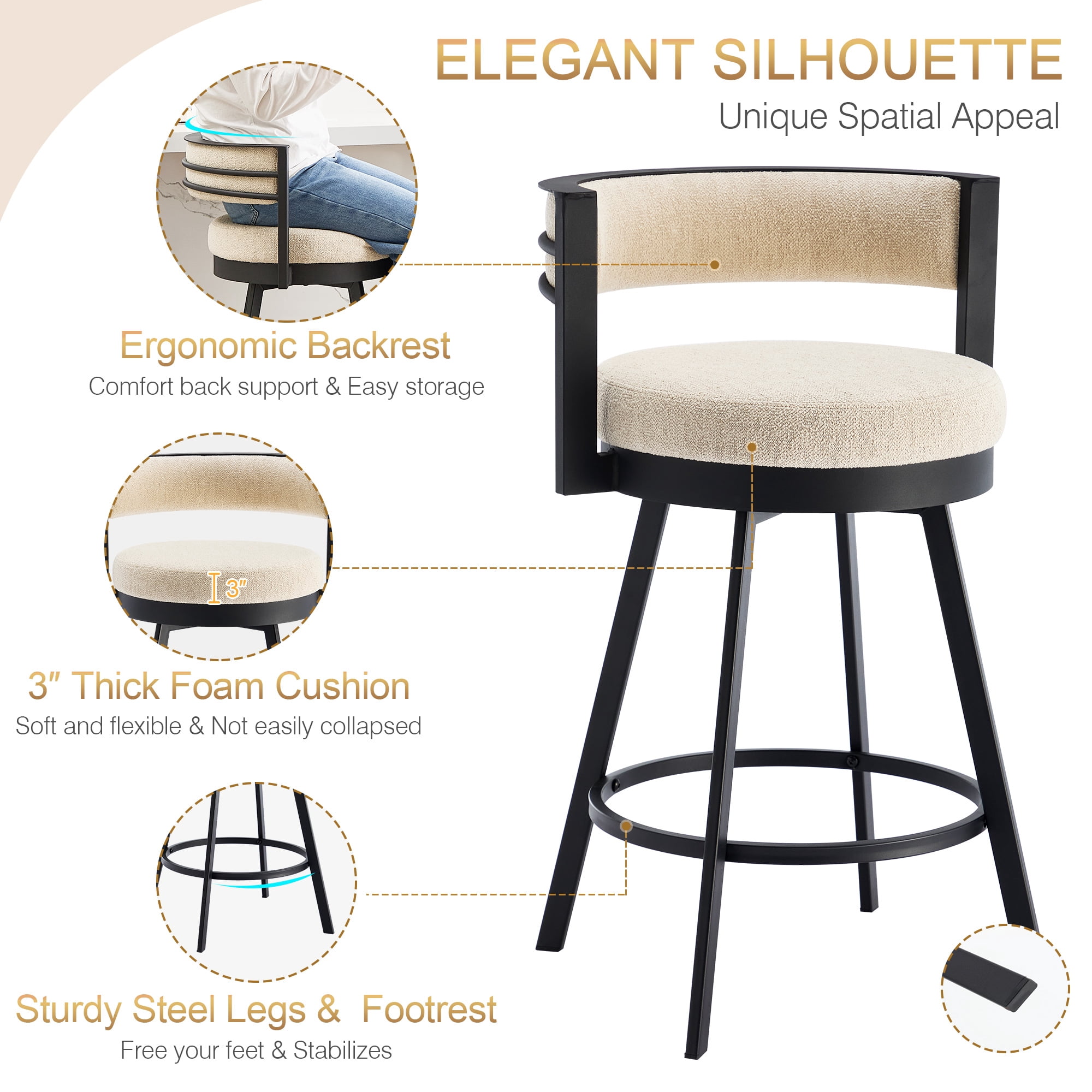 Zesthouse 26.6″ Swivel Bar Stools Set of 2, Linen Upholstered Counter Stools with Barrel Back and Metal Legs, Modern Counter Height Barstools for Kitchen Island, Beige