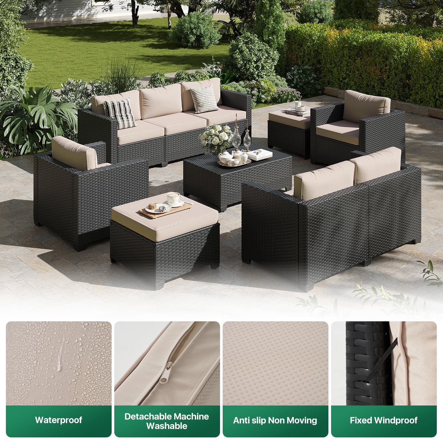 ClouddWell 7 Seat Outdoor Patio Furniture Set, Patio Conversation Sets with Thick Waterproof Cushions & Storage Coffee Table(Beige)