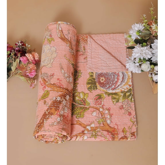 Indian Handmade Floral Print Kantha Bedspread, Kantha Quilt, BedCover, Blanket Throw Cotton Quilt Queen Size Quilt