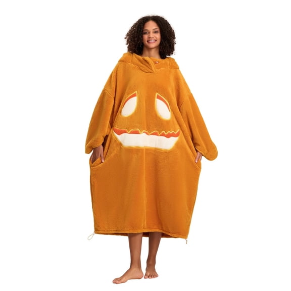 Pumpkin Hooded Wearable Blanket for Adults - Halloween Costume Flannel Wrap Hoodie Blanket Fall Throw for Women Men Halloween Pumpkin Costume Long Hooded Blanket Sweatshirt, Orange L
