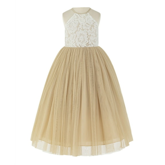 Ekidsbridal Girl Pageant Flower Girl Dress - Lace Halter Top with Tulle Flower Girl Dress 213-A (Size: 2-10)