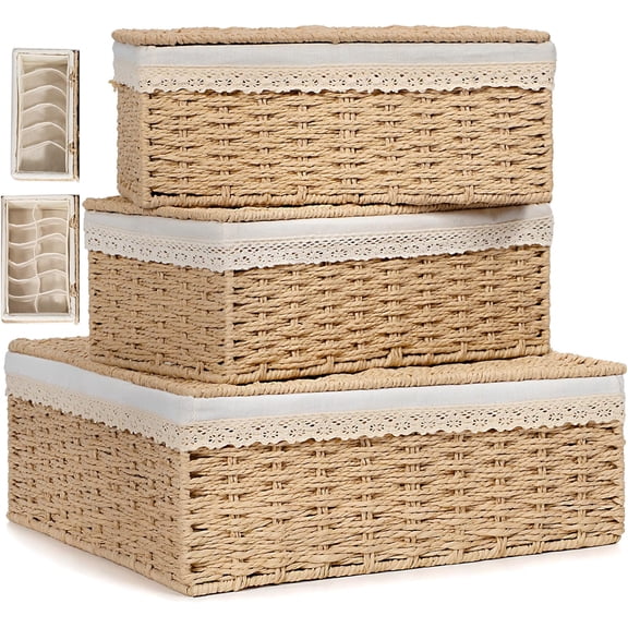 Divided Basket with Lid set of 3, Large Wicker Shelf Baskets for Organizing with Liner, Natural Paper Rope Storage Basket Bins, Decorative Storage Baskets for Home Organization & Living room