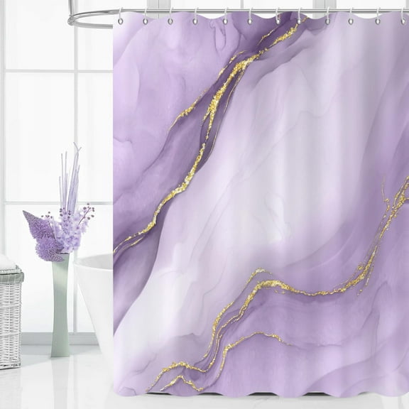 Lavender Modern Shower Curtain, Lavender Purple Mix Gold Ombre Marble Texture Luxury Bathroom Curtain Waterproof Fabric Machine Washable with Hooks, 36" Wx72 L