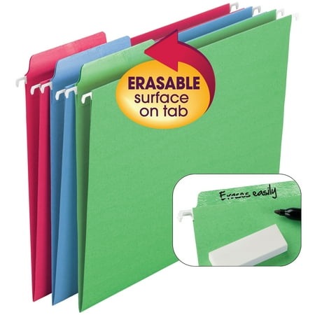 - Smead Erasable FasTab® Hanging File Folder, 1/3-Cut Built-In Tab, Letter Size, Assorted Colors, 18 per Box (64031)
