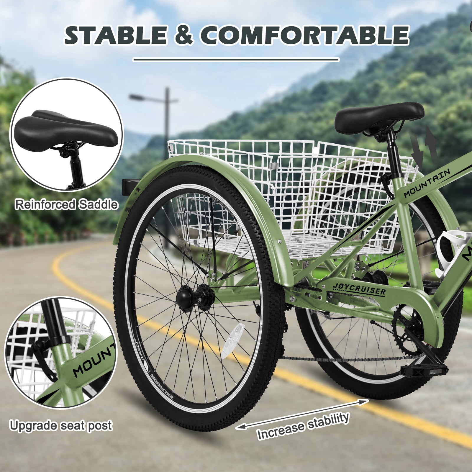 ABORON 24/26/27.5 Inch Adult Mountain Tricycle, 7 Speed Three Wheel MTB, Adults Trikes Cruiser Bikes with Shopping Basket & Accessories, Exercise Men's Women's Tricycles