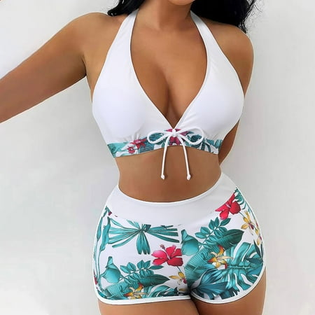

Lastesso Women s Hawaiian Print Swimsuit Two Pieces Corset Halter Top with Boy Short Swimsuit Set Vintage Bikini Underwear