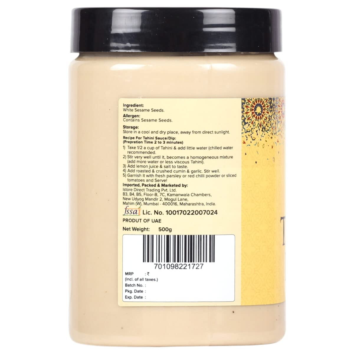 Organic Raw White (Escoba) Sesame Butter Tahin Ingvi