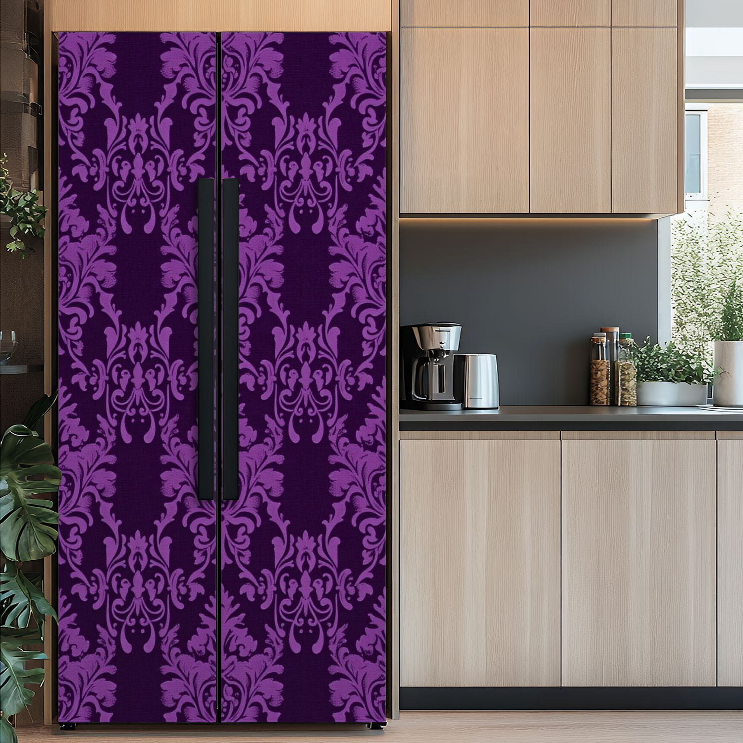 Self Adhesive Vinyl Refrigerator Wrap Set Purple Retro Door Mural Removable Fridge Sticker Peel and Stick&nbsp;Full Door Cover Decal Kitchen Bar Decor