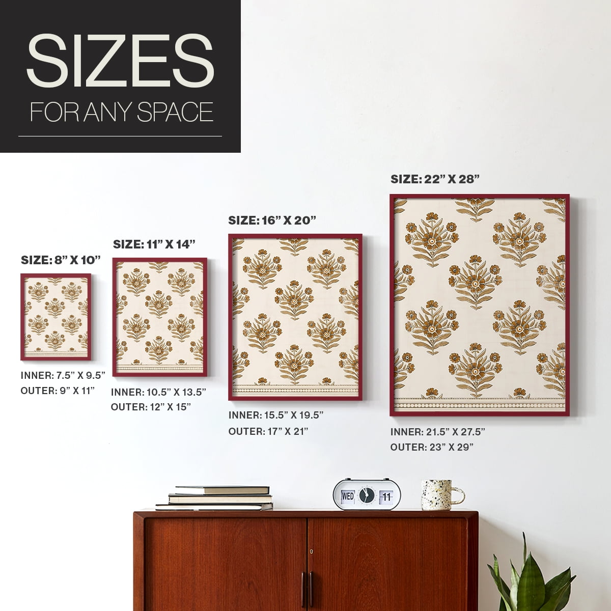 Block Print Blooms I Framed Print in Red Solid Wood Framed Print No Nail Hanging