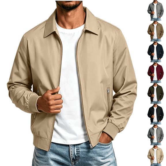 Windbreaker Jackets for Men Casual Golf Jacket Lightweight Water Resistant Coat Jacket with Pocket Full Zip Collared Daily Wear Beige 2XL