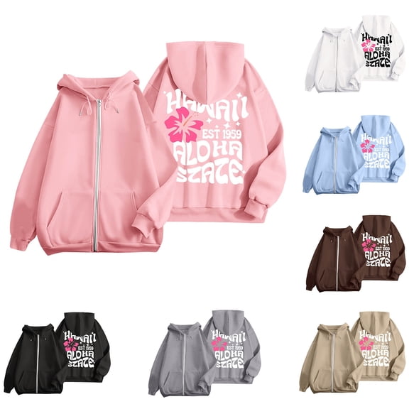 zaveiop Zip up Hoodie for Women Plam Ocean Beach Sweatshirt Flower Puff Graphic Aesthetic Oversized Tops (Grey, S)