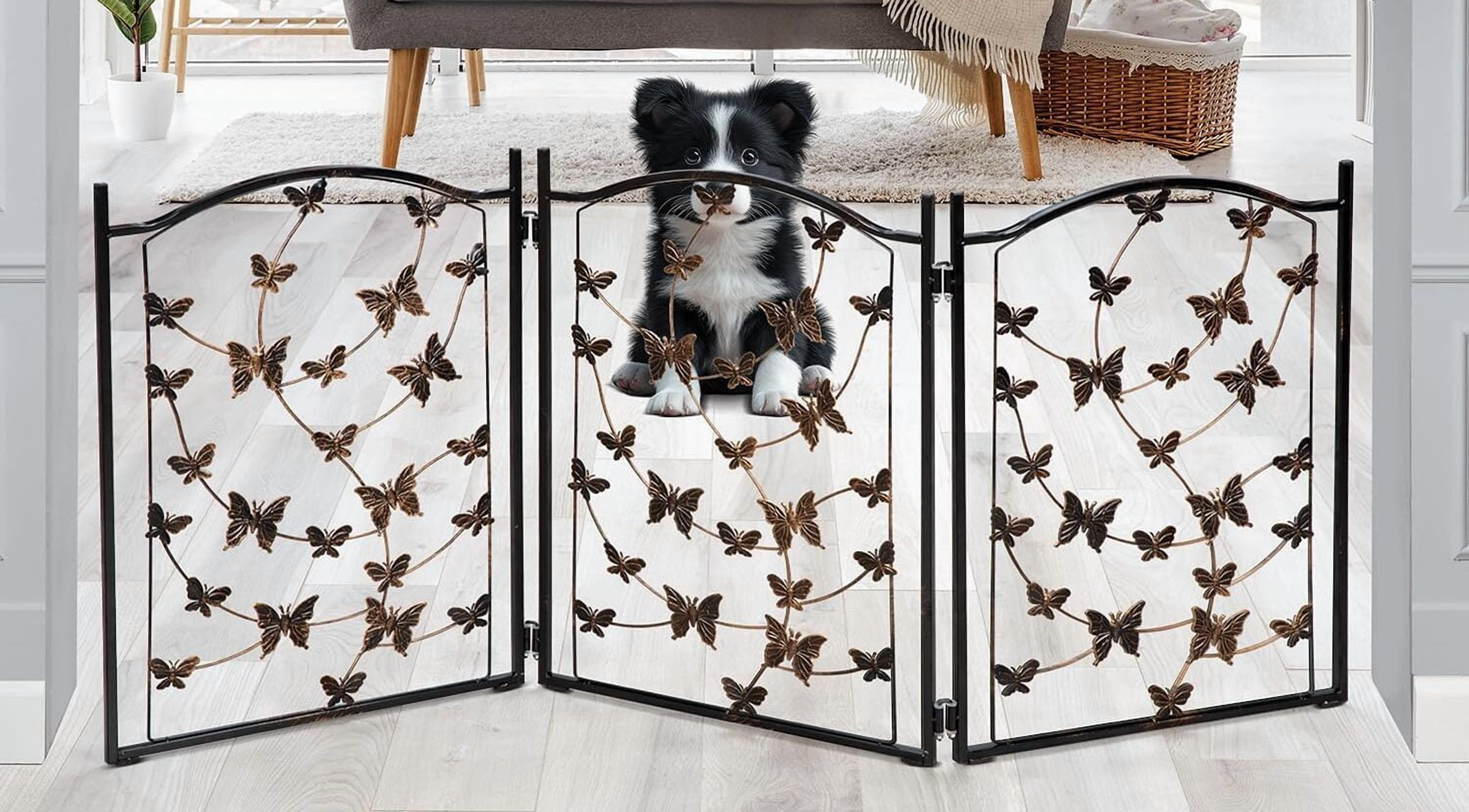 Freestanding Metal Folding Pet Gate, Large Portable Panels for Dog & Cat Security, Foldable Enclosure Gates for Puppies, Indoor & Outdoor Safety for Pets Tree of Life Tri-Fold Fence