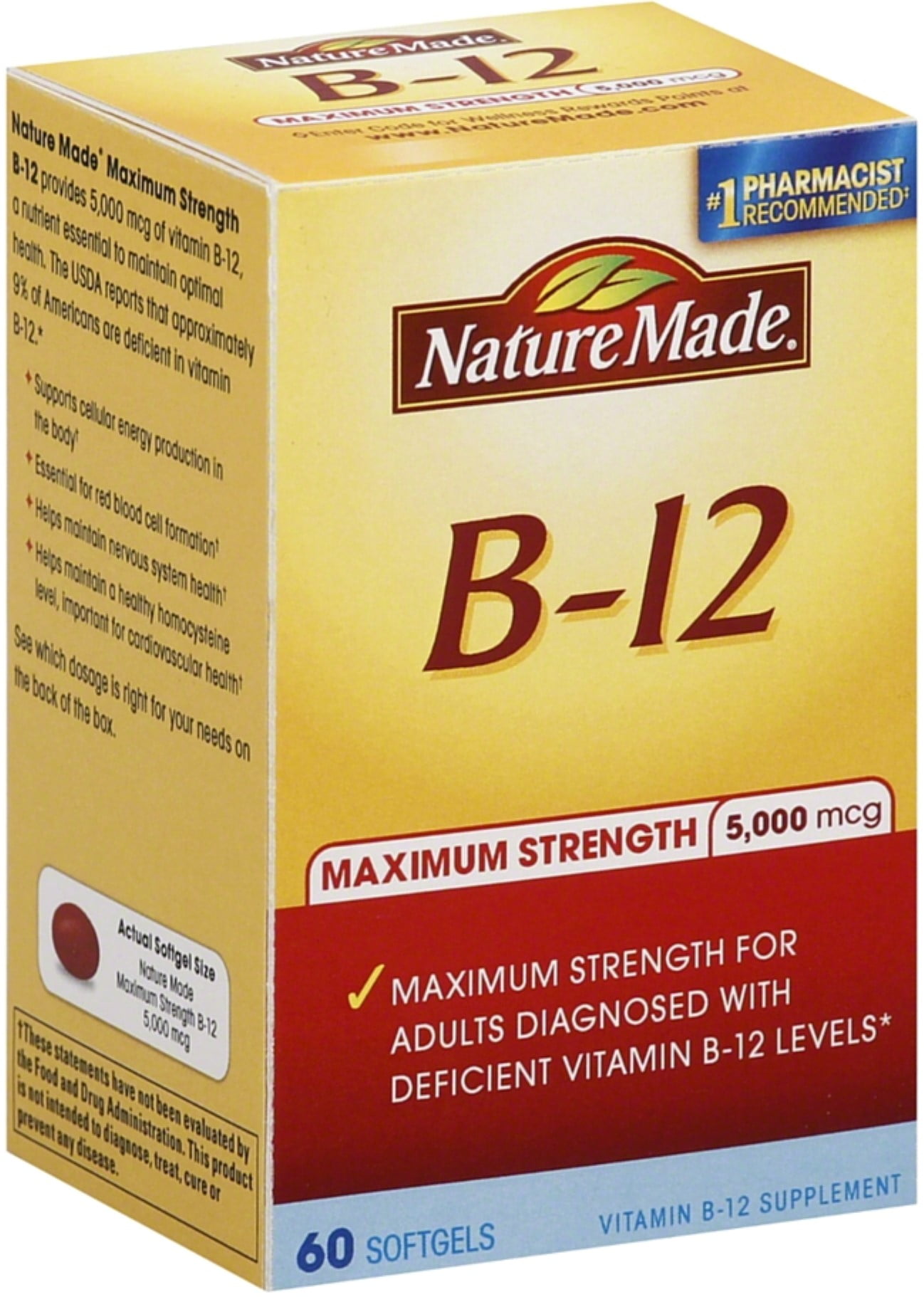 Nature Made B-12 Maximum Strength Softgels 5000 mcg 60 ea (Pack of 2)