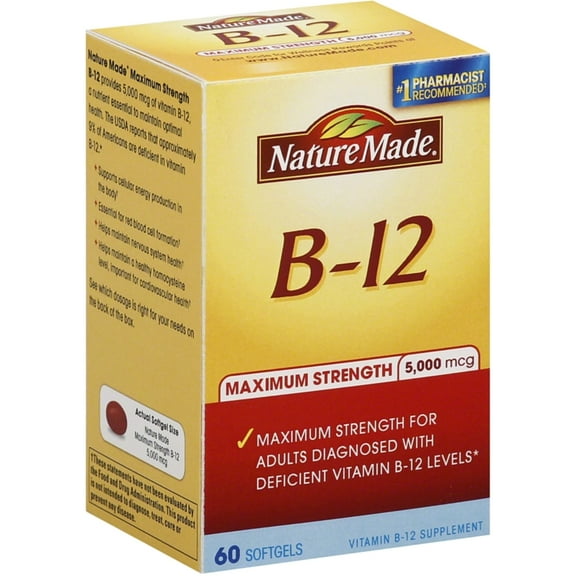 Nature Made B-12 Maximum Strength Softgels 5000 mcg 60 ea (Pack of 2)