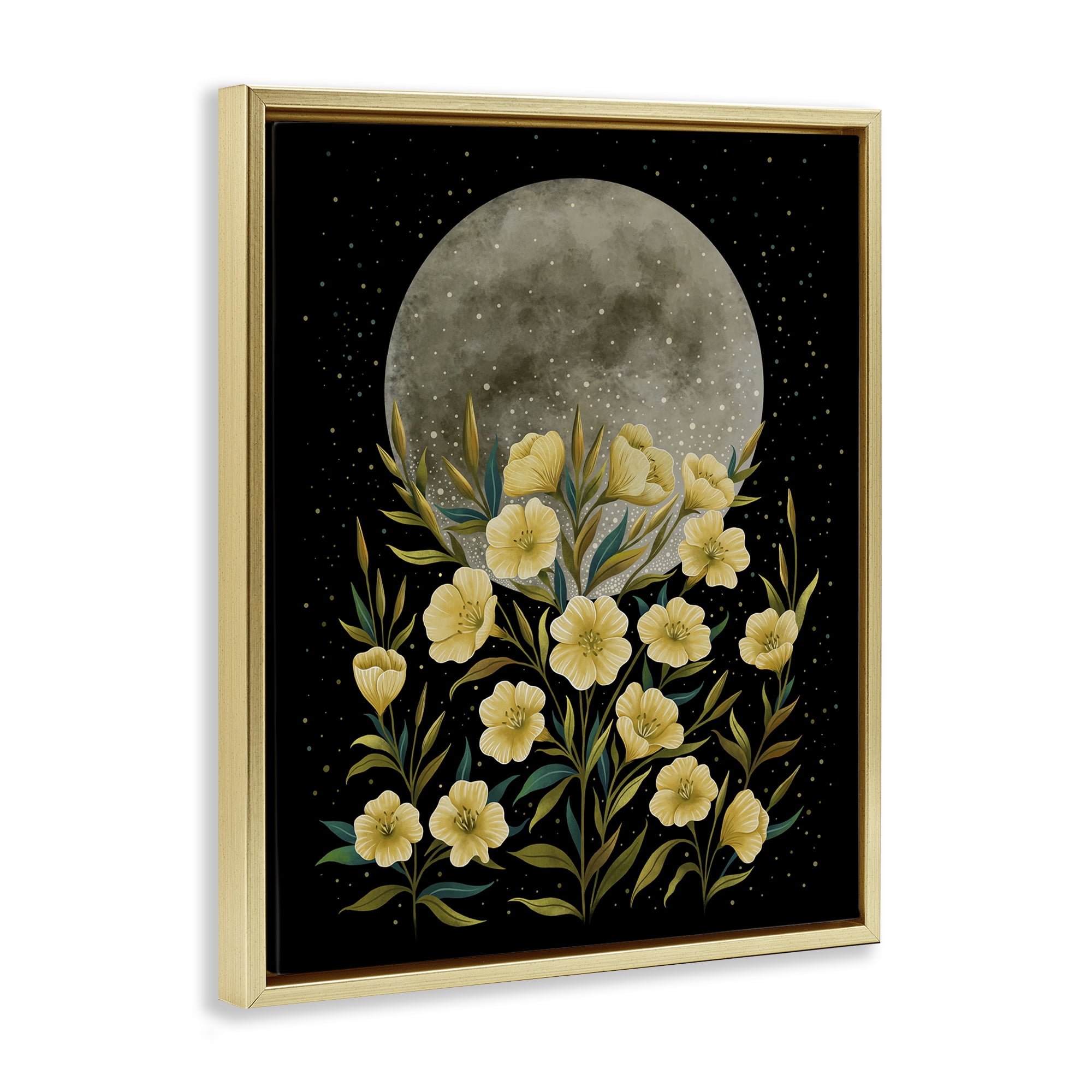 Stupell Industries Moon Greeting Yellow Flowers Gold Framed Floater Canvas Wall Art, design by Episodic Drawings