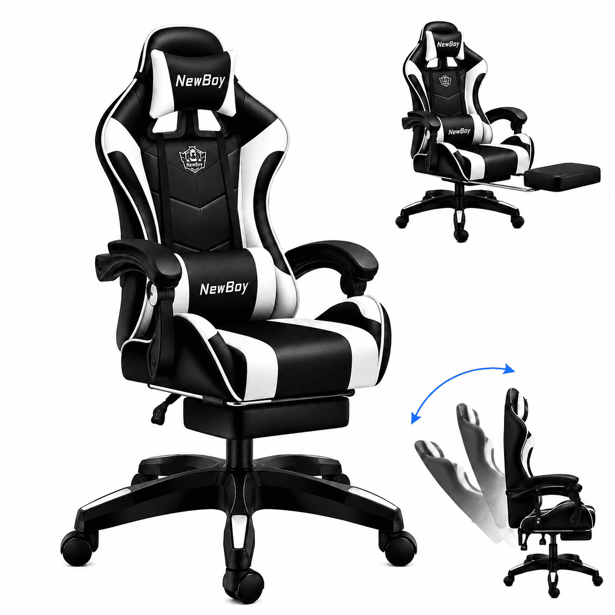 JaxShark Ergonomic Gaming Chair with Headrest and Lumbar Support for Adults Teens, High Back Reclining PU Leather Modern Black