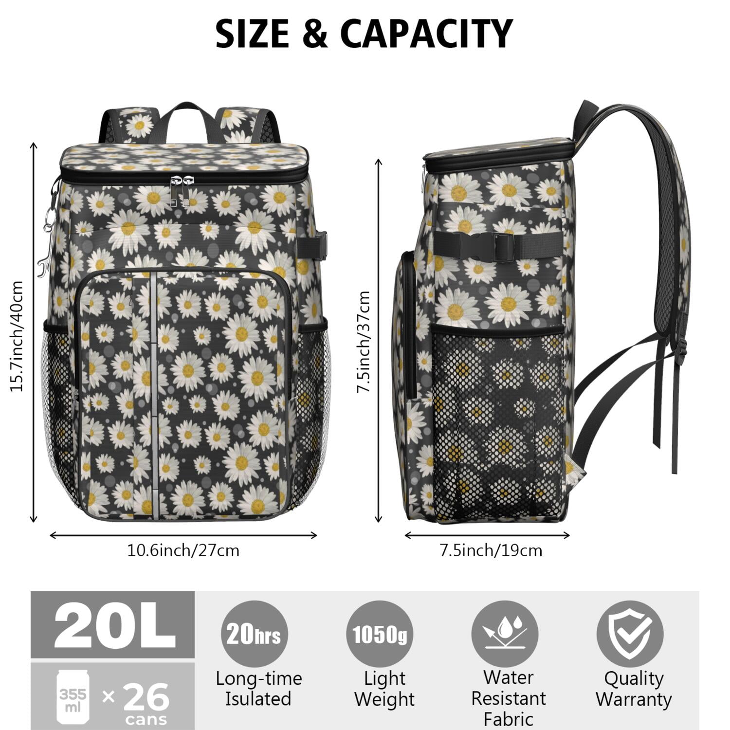 Travel Cooler Bag - Black Sunflower Camping Beer Cooler Backpack with Bottle Opener- Waterproof Insulated Picnic Backpacks - Cooler Bag for Beach