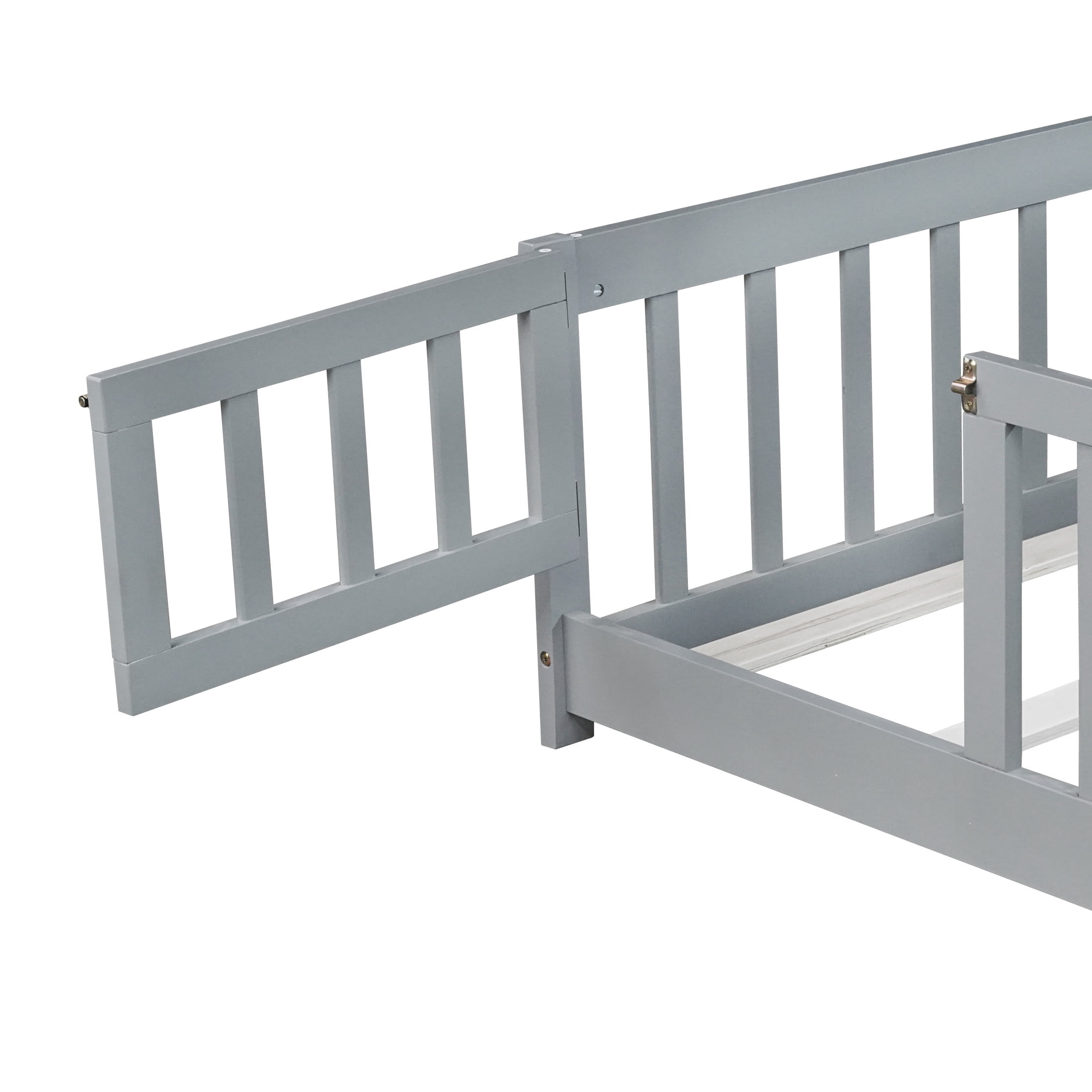Noble House Full Floor Bed with Safety Guardrails and Door, Rubber Wood Montessori Bed, Kid's Room, Gray