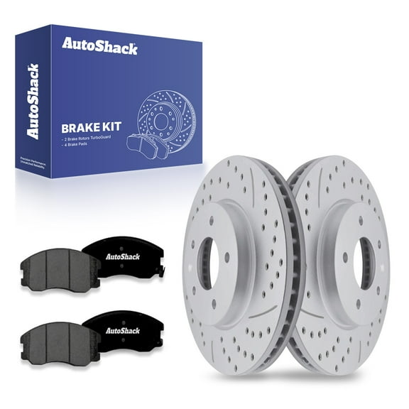 AutoShack Front Drilled & Slotted Brake Rotors Premium Ceramic Brake Pads | Replacement for Chevrolet Equinox Captiva Sport Saturn Vue Suzuki XL-7 | Silver Coated | 6-PC Brake Kit | TurboGuard