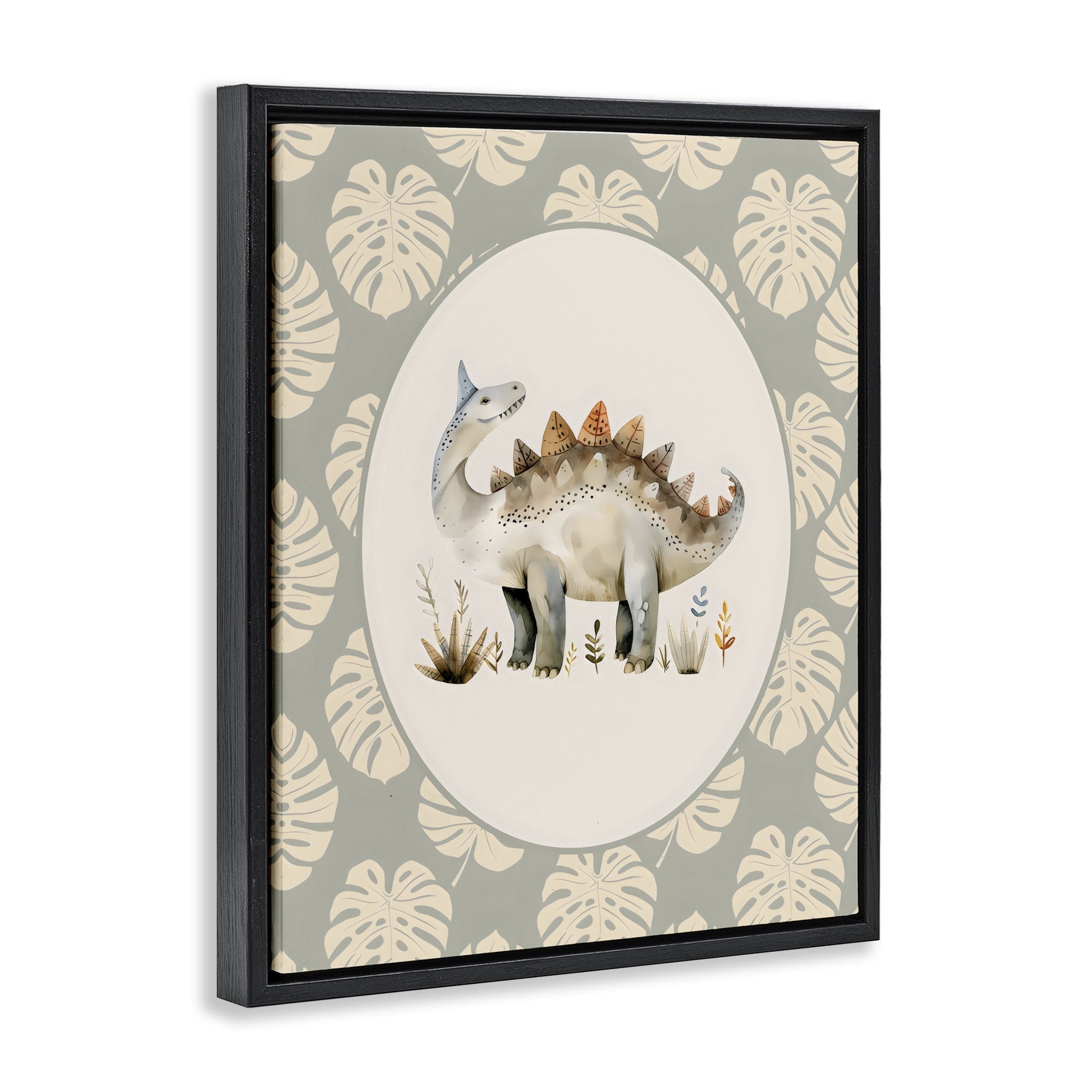 Stupell Industries Watercolor Dinosaur Monstera Border Black Framed Floater Canvas Wall Art, design by LSR Design Studio
