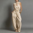 thumbnail image 2 of Tqcoqu Women's Sleeveless Tie Neck Cutout Romper,Elastic Waist Wide Leg Linen Blend Jumpsuit with Pockets & Back Zipper,Beige Women's S-XXXL, 2 of 7