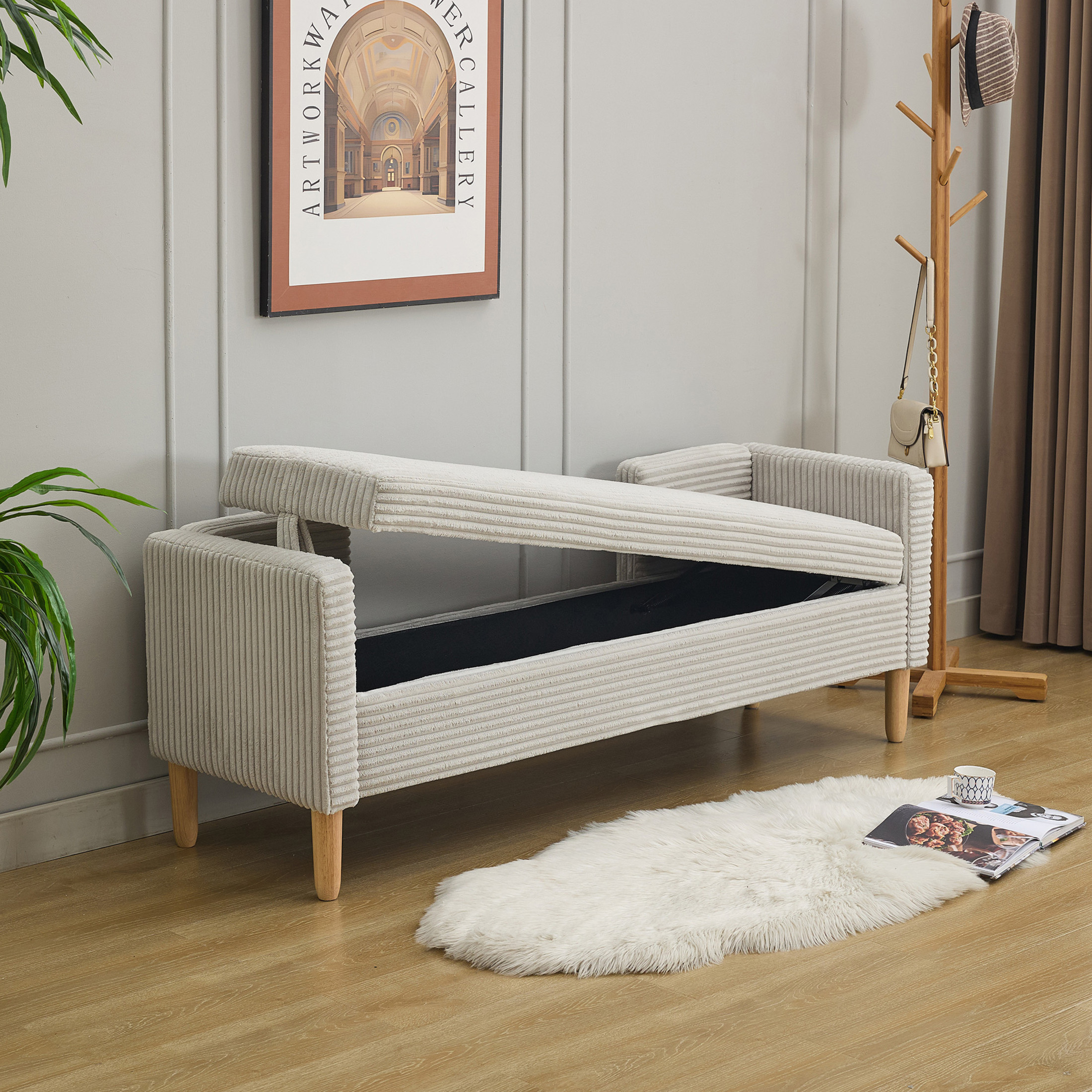Noble House Delphine 65" Corduroy Storage Bench, Upholstered Seat with Bolster Pillows for Bedroom, Entryway, Light Gray