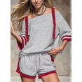 thumbnail image 5 of Women Color Block Off Shoulder Short Sleeve Top and Drawstring Shorts 2 Piece Outfit Set Gray XXXL, 5 of 9