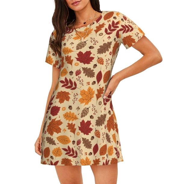 Fotbe Autumn Leaves 2 Bata de Dormir para Mujer con Estampado, Camisón de Algodón de Manga Corta, Ropa de Dormir Casual