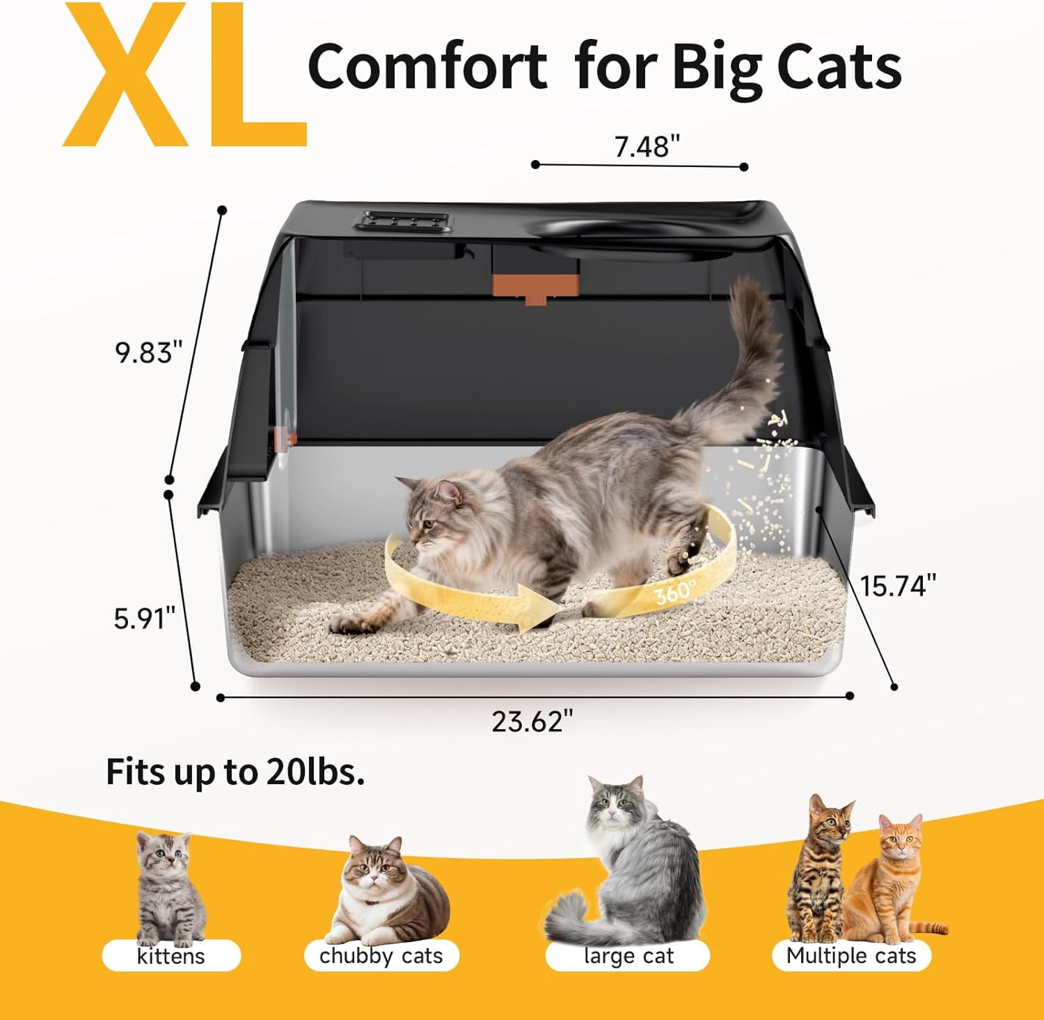 Dog Proof Front Entry Top Exit, High Sided Enclosed Metal Cat Litter Pan, Extra Large Stainless Steel Litter Box with Lid, Includes Scoop & Step, Odor Control Easy Clean Leak Proof