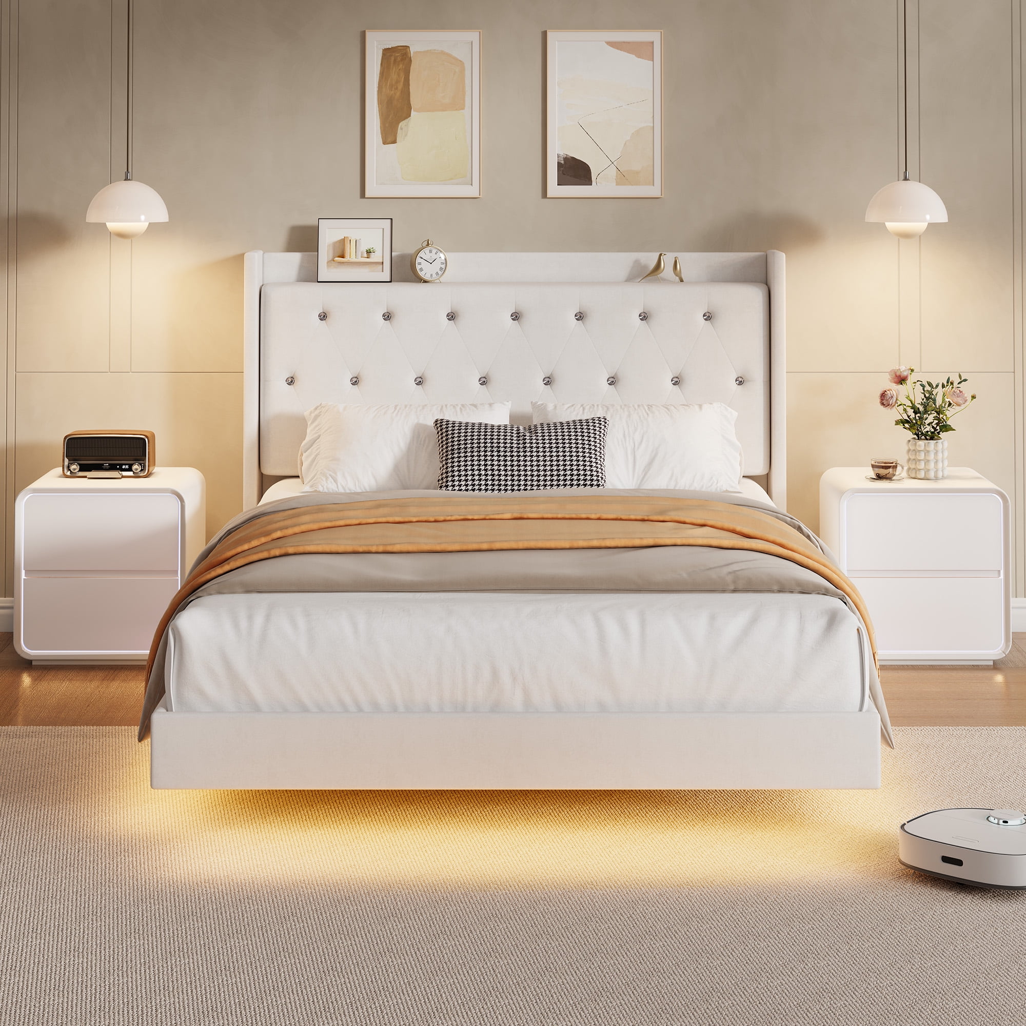 Queen LED Storage Bed Frame - Upholstered Headboard, No Box Spring, Quiet Design